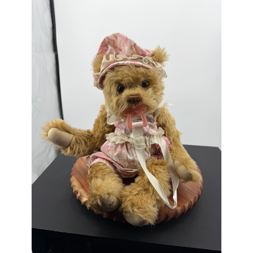Lee Middleton Mohair Bear Plush Toy hush a bear Pink Tan Pacifier Bonnet